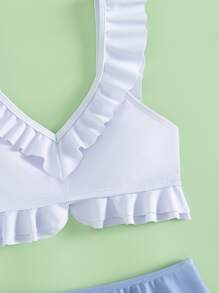 Conjunto de bikini con volantes de dos tonos para niña preadolescente para playa de verano - Azul y blanco - Ver 3