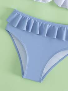 Conjunto de bikini con volantes de dos tonos para niña preadolescente para playa de verano - Azul y blanco - Ver 4