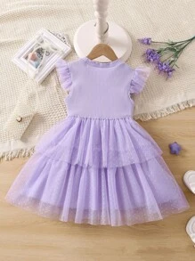 Young Girl Purple Sheer Mesh Round Neckline And Ruffle Sleeves Dress, Summer - Purple - View 2
