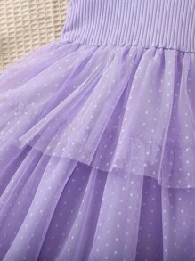 Young Girl Purple Sheer Mesh Round Neckline And Ruffle Sleeves Dress, Summer - Purple - View 4