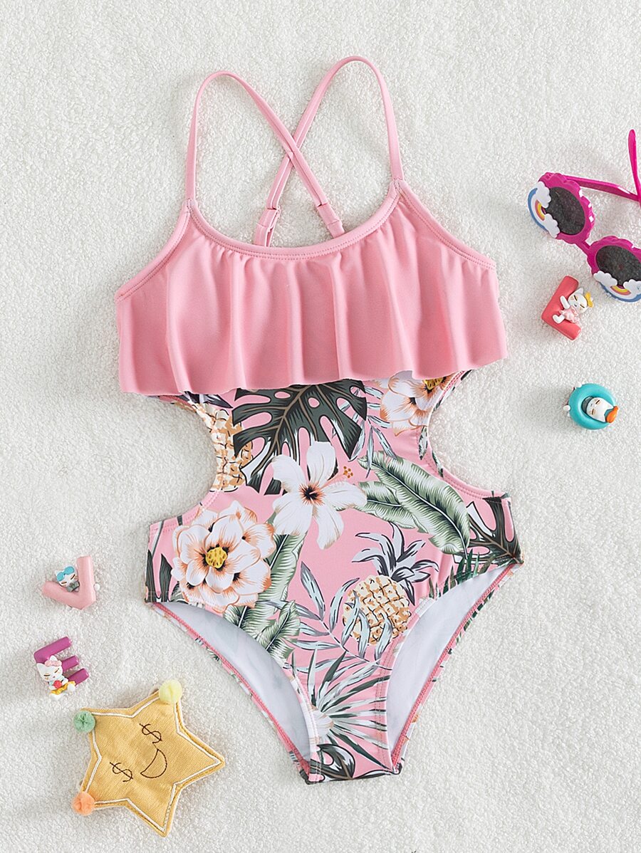 Tween Girl Tropical Print Ruffle Trim Cut Out Crisscross Backless One Piece Swimsuit - Pink - View 1