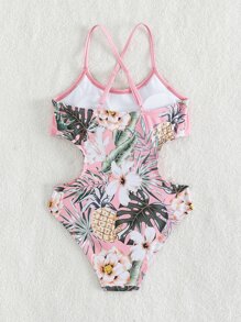 Tween Girl Tropical Print Ruffle Trim Cut Out Crisscross Backless One Piece Swimsuit - Pink - View 2