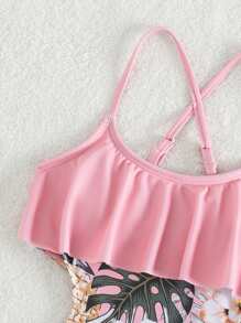 Tween Girl Tropical Print Ruffle Trim Cut Out Crisscross Backless One Piece Swimsuit - Pink - View 3