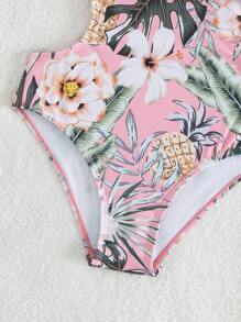 Tween Girl Tropical Print Ruffle Trim Cut Out Crisscross Backless One Piece Swimsuit - Pink - View 4