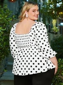 SHEIN CURVE+ Plus Polka Dot Print Ruched Lantern Sleeve Peplum Blouse - Black and White - View 2