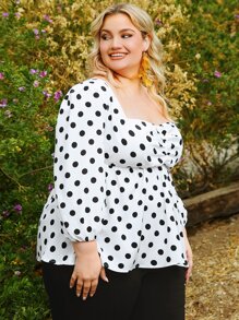 SHEIN CURVE+ Plus Polka Dot Print Ruched Lantern Sleeve Peplum Blouse - Black and White - View 3