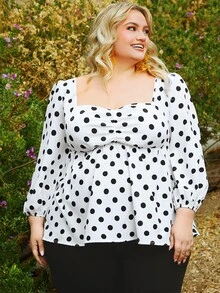 SHEIN CURVE+ Plus Polka Dot Print Ruched Lantern Sleeve Peplum Blouse - Black and White - View 4