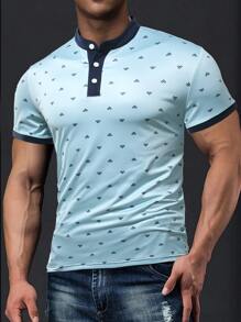 Manfinity Men Allover Print Contrast Trim Polo Shirt - Mint Blue - View 6