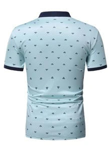 Manfinity Men Allover Print Contrast Trim Polo Shirt - Mint Blue - View 2