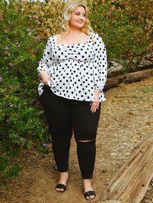 SHEIN CURVE+ Plus Polka Dot Print Ruched Lantern Sleeve Peplum Blouse - Black and White - View 6