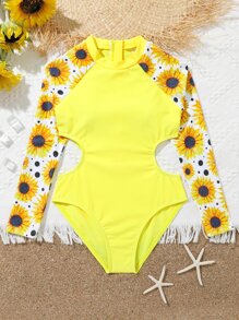 Tween Girl Sunflower Print Cut Out One-Piece Swimsuit - Yellow - View 1