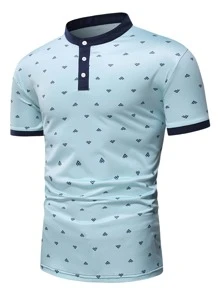 Manfinity Men Allover Print Contrast Trim Polo Shirt - Mint Blue - View 1