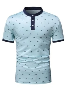 Manfinity Men Allover Print Contrast Trim Polo Shirt - Mint Blue - View 4