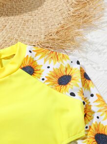 Tween Girl Sunflower Print Cut Out One-Piece Swimsuit - Yellow - View 3