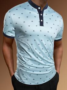 Manfinity Men Allover Print Contrast Trim Polo Shirt - Mint Blue - View 7