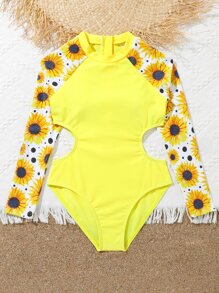 Tween Girl Sunflower Print Cut Out One-Piece Swimsuit - Yellow - View 5