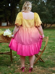 SHEIN CURVE+ Vestido de ombré de manga farol bajo con fruncido - Multicolor - Ver 2