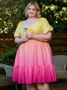 SHEIN CURVE+ Vestido de ombré de manga farol bajo con fruncido - Multicolor - Ver 3