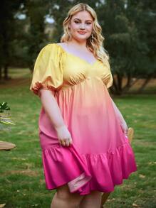 SHEIN CURVE+ Vestido de ombré de manga farol bajo con fruncido - Multicolor - Ver 4