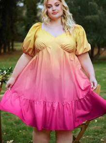 SHEIN CURVE+ Vestido de ombré de manga farol bajo con fruncido - Multicolor - Ver 6