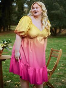 SHEIN CURVE+ Vestido de ombré de manga farol bajo con fruncido - Multicolor - Ver 7