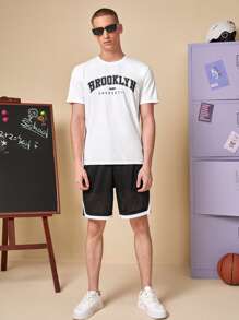 Manfinity RebelGame 1pc Letter Graphic Tee & 1pc Contrast Binding Shorts - Black and White - View 6