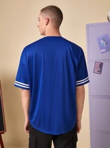 Manfinity 1pc Letter Graphic Contrast Trim Button Front Shirt - Royal Blue - View 2