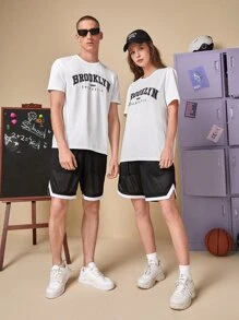Manfinity RebelGame 1pc Letter Graphic Tee & 1pc Contrast Binding Shorts - Black and White - View 5