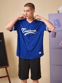 Manfinity 1pc Letter Graphic Contrast Trim Button Front Shirt - Royal Blue - View 9