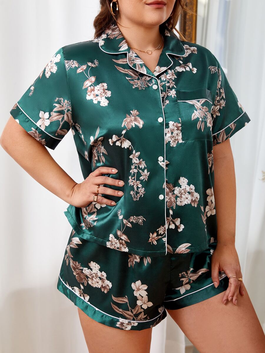 Conjunto de pijama con estampado floral ribete en contraste de satén - Verde Oscuro - Ver 1