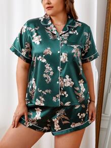 Conjunto de pijama con estampado floral ribete en contraste de satén - Verde Oscuro - Ver 5