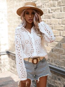 Frievida Áo sơ mi cài nút phía trước thêu lỗ cho nữ - trắng - Xem 5