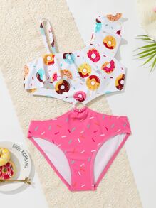 Girls Donut Print Ring Linked Cut Out Ruffle Trim One Piece Swimsuit - Multicolor - View 5