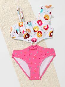 Girls Donut Print Ring Linked Cut Out Ruffle Trim One Piece Swimsuit - Multicolor - View 1