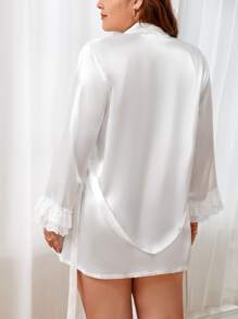 Bata con encaje en contraste con cinturón de satén sin set de lencería - Blanco - Ver 2