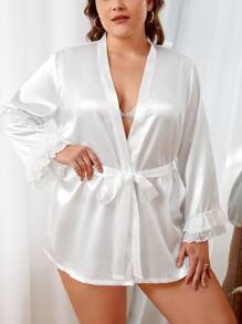 Bata con encaje en contraste con cinturón de satén sin set de lencería - Blanco - Ver 5