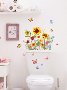 1pc Butterfly & Floral Pattern Toilet Lid Decal, Modern PVC Insect & Flower Print WC Pedestal Pan Cover Sticker For Bathroom - Multicolor - View 1