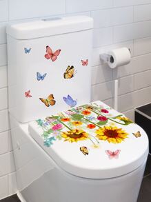 1pc Butterfly & Floral Pattern Toilet Lid Decal, Modern PVC Insect & Flower Print WC Pedestal Pan Cover Sticker For Bathroom - Multicolor - View 2