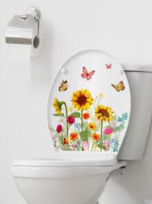 1pc Butterfly & Floral Pattern Toilet Lid Decal, Modern PVC Insect & Flower Print WC Pedestal Pan Cover Sticker For Bathroom - Multicolor - View 3