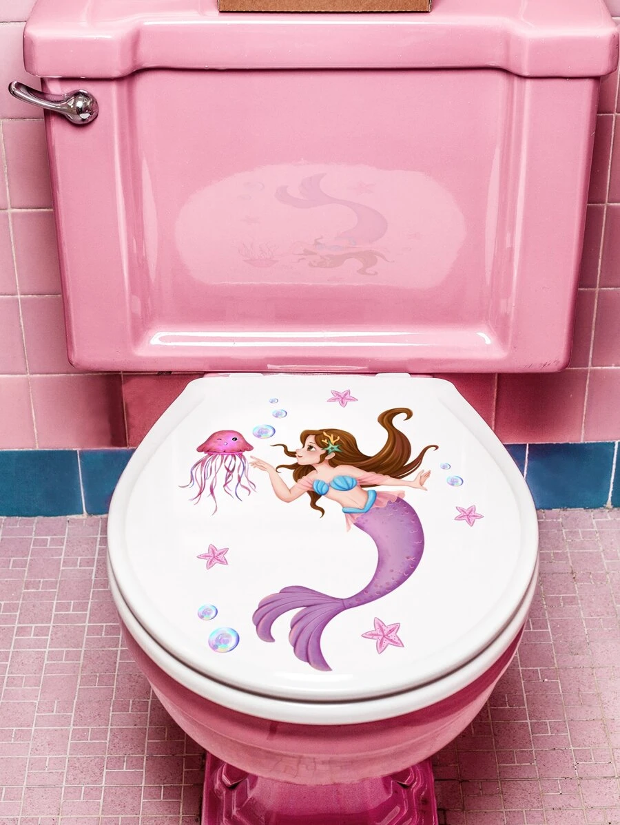 1入組美人魚和水母圖案馬桶蓋貼花
