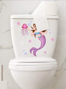 1入組美人魚和水母圖案馬桶蓋貼花