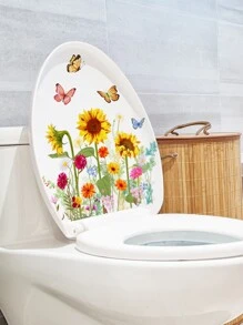 1pc Butterfly & Floral Pattern Toilet Lid Decal, Modern PVC Insect & Flower Print WC Pedestal Pan Cover Sticker For Bathroom - Multicolor - View 6