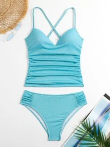Glitter Tankini Set Ruched Criss Cross Back Top &  Bikini Bottom 2 Piece Bathing Suit - Mint Blue - View 1