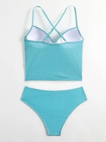Glitter Tankini Set Ruched Criss Cross Back Top &  Bikini Bottom 2 Piece Bathing Suit - Mint Blue - View 2