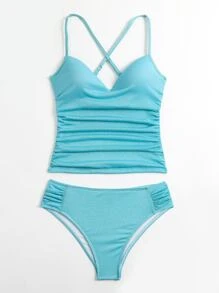 Glitter Tankini Set Ruched Criss Cross Back Top &  Bikini Bottom 2 Piece Bathing Suit - Mint Blue - View 4