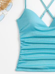 Glitter Tankini Set Ruched Criss Cross Back Top &  Bikini Bottom 2 Piece Bathing Suit - Mint Blue - View 5