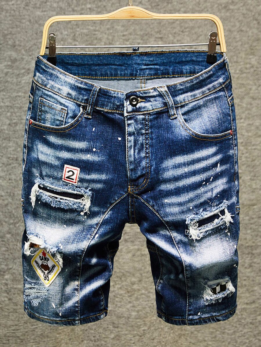 Manfinity LEGND Men Cotton Ripped Frayed Patched Detail Splash Ink Print Denim Shorts - Medium Wash - View 1