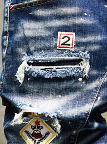 Manfinity LEGND Men Cotton Ripped Frayed Patched Detail Splash Ink Print Denim Shorts - Medium Wash - View 3