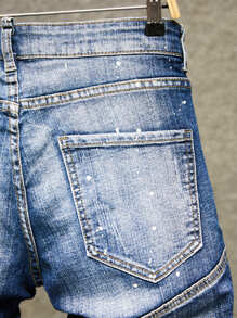 Manfinity LEGND Men Cotton Ripped Frayed Patched Detail Splash Ink Print Denim Shorts - Medium Wash - View 4