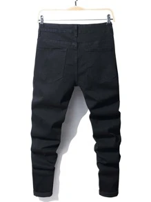 Men Slogan Graphic Ripped Frayed Skinny Jeans - Black - View 2